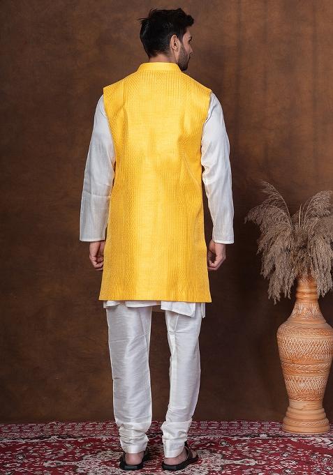 Golden Embroidered Silk Blend Kurta Jacket Churidar Set For Men