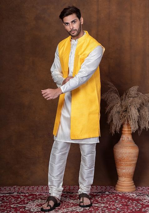 Golden Embroidered Silk Blend Kurta Jacket Churidar Set For Men