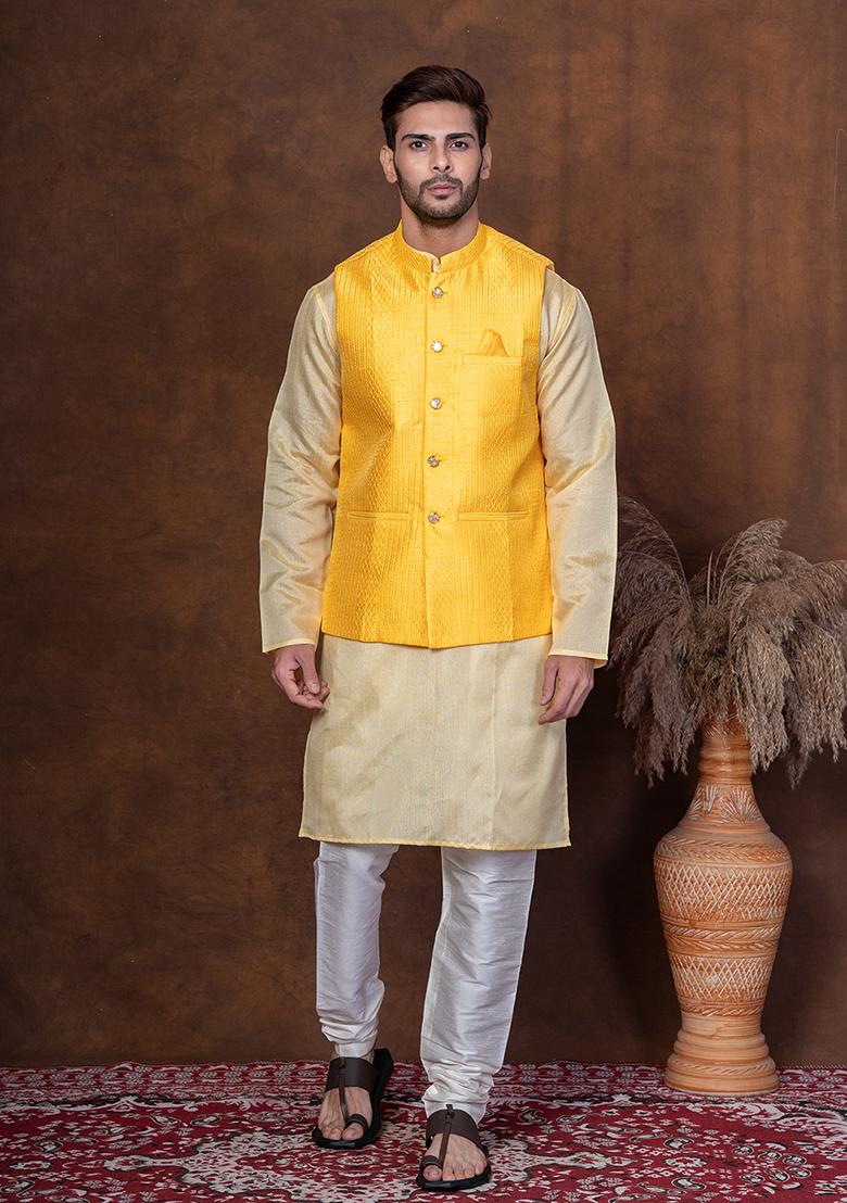 Yellow Solid Blended Kurta Jacket Churidar Set For Men