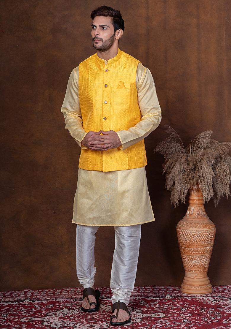 Yellow Solid Blended Kurta Jacket Churidar Set For Men
