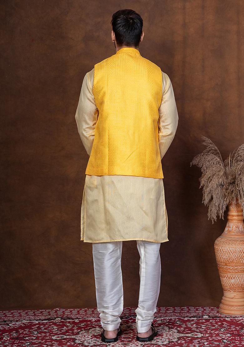 Yellow Solid Blended Kurta Jacket Churidar Set For Men