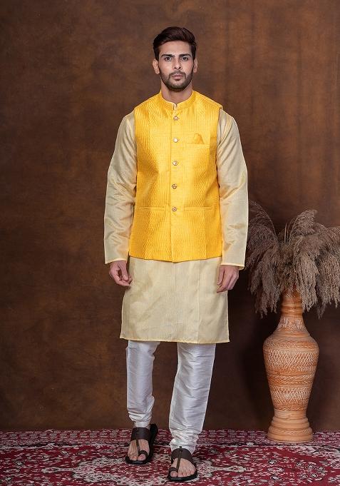 Yellow Solid Blended Kurta Jacket Churidar Set For Men