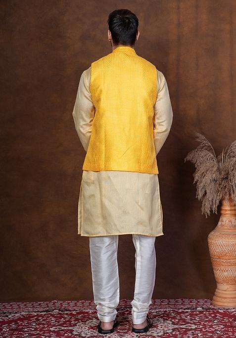 Yellow Solid Blended Kurta Jacket Churidar Set For Men