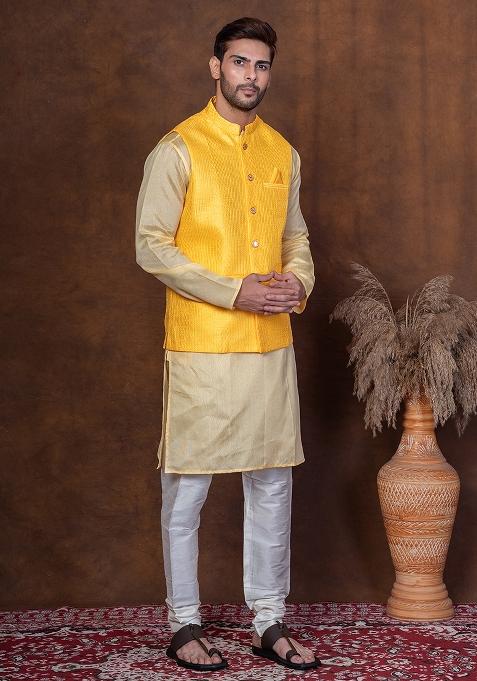 Yellow Solid Blended Kurta Jacket Churidar Set For Men