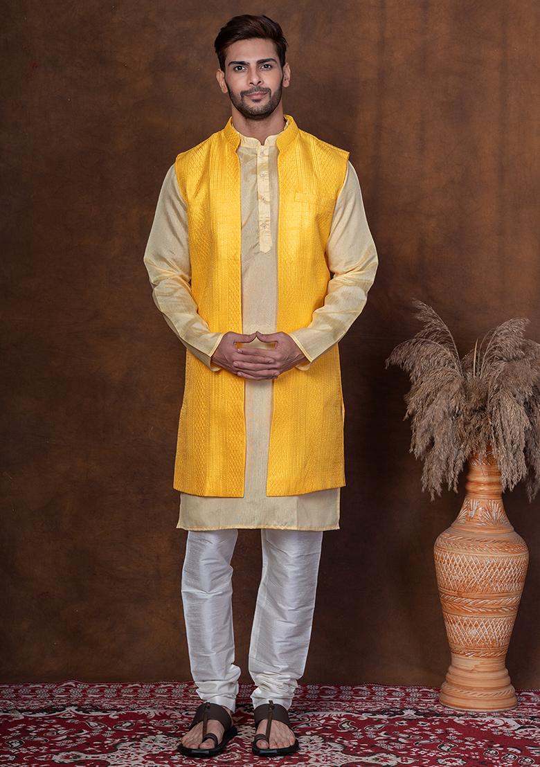 Yellow Solid Blended Kurta Jacket Churidar Set For Men