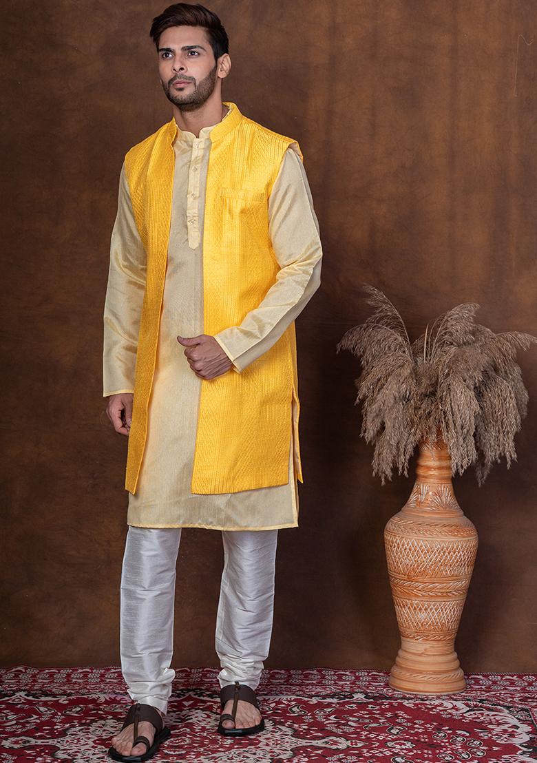 Yellow Solid Blended Kurta Jacket Churidar Set For Men