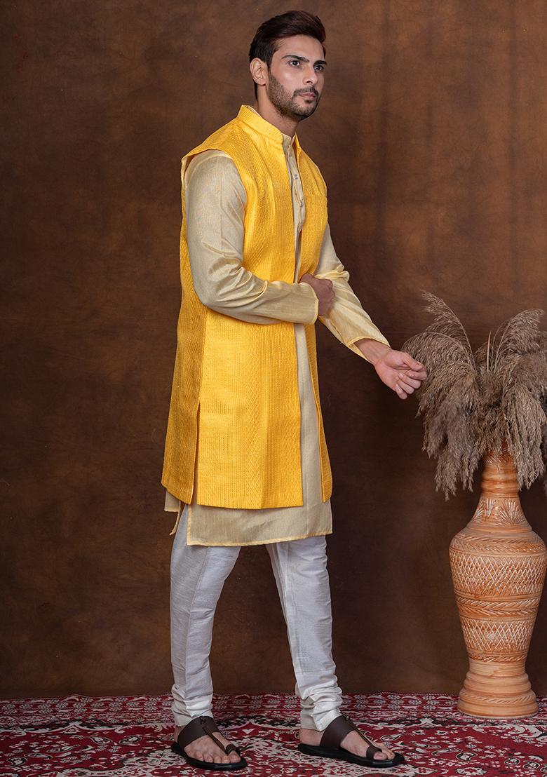 Yellow Solid Blended Kurta Jacket Churidar Set For Men