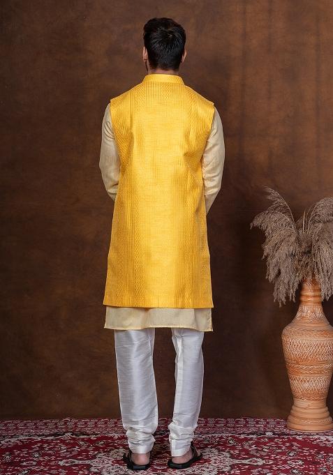 Yellow Solid Blended Kurta Jacket Churidar Set For Men