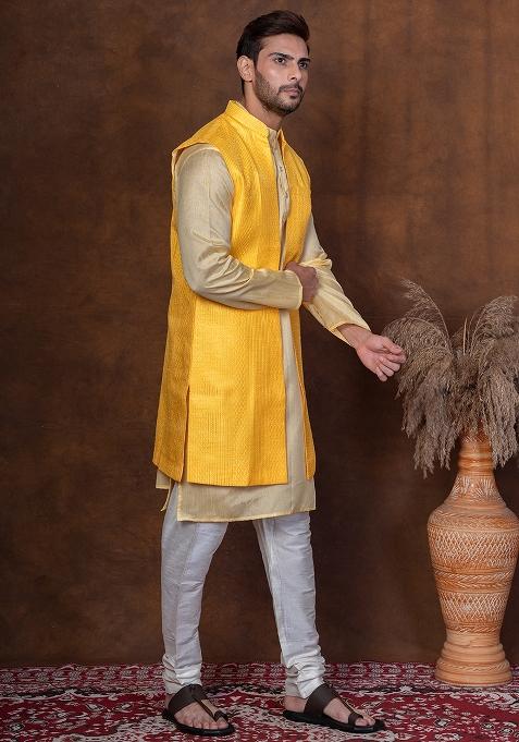 Yellow Solid Blended Kurta Jacket Churidar Set For Men