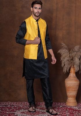 Black Solid Blended Kurta Jacket Churidar Set For Men