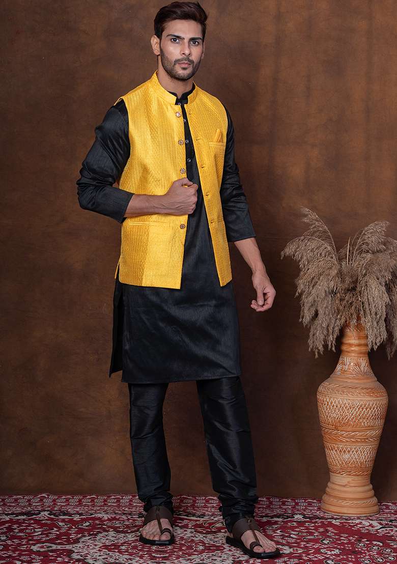 Black Solid Blended Kurta Jacket Churidar Set For Men - Indya