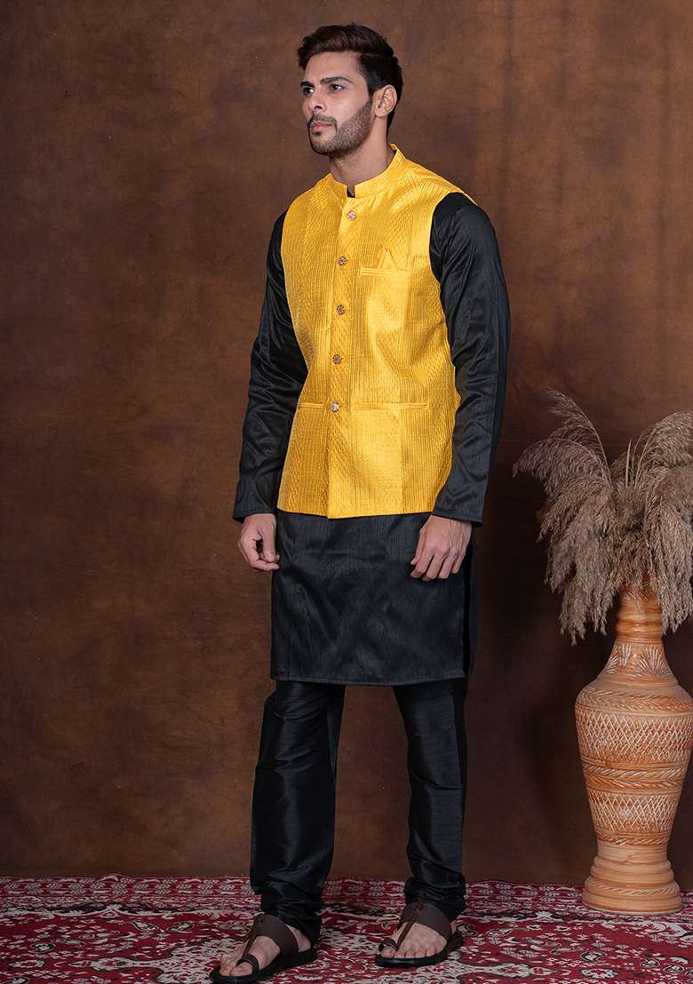 Black Solid Blended Kurta Jacket Churidar Set For Men - Indya