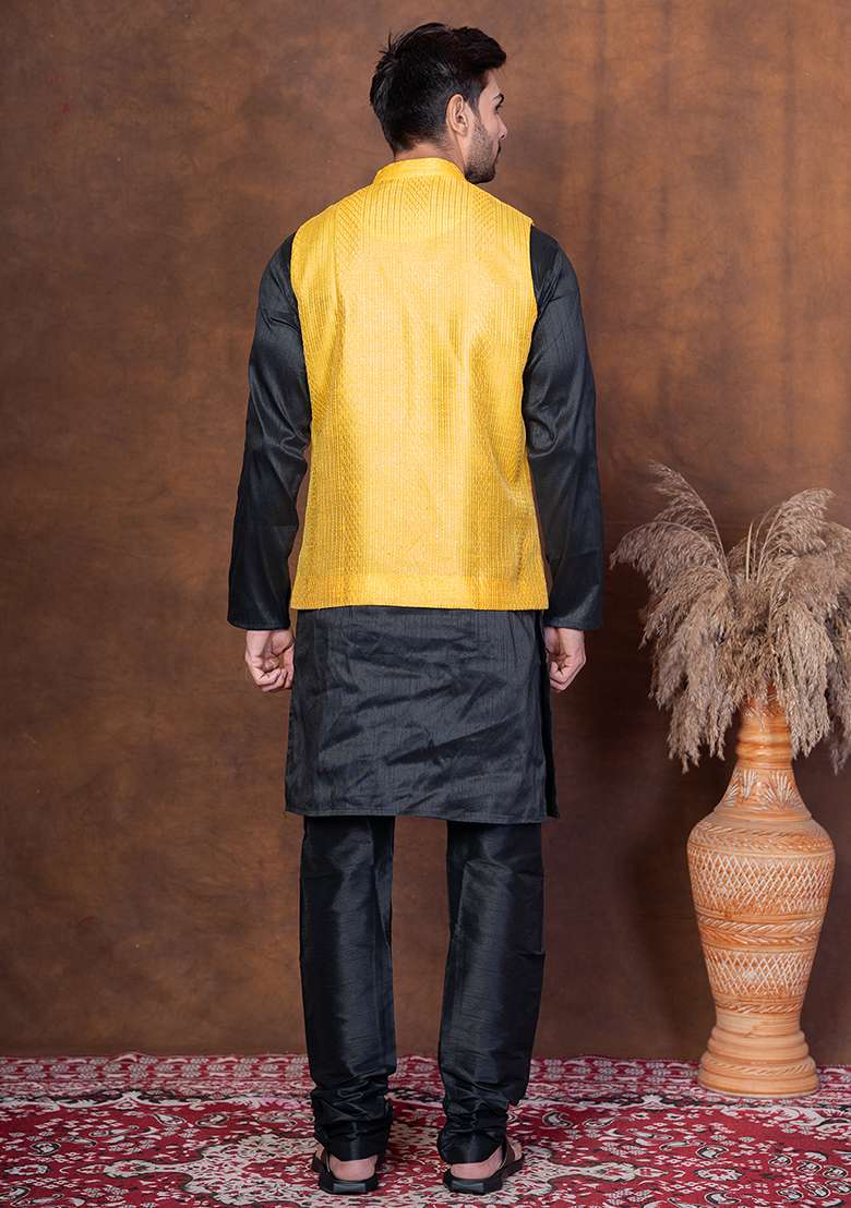 Black Solid Blended Kurta Jacket Churidar Set For Men - Indya