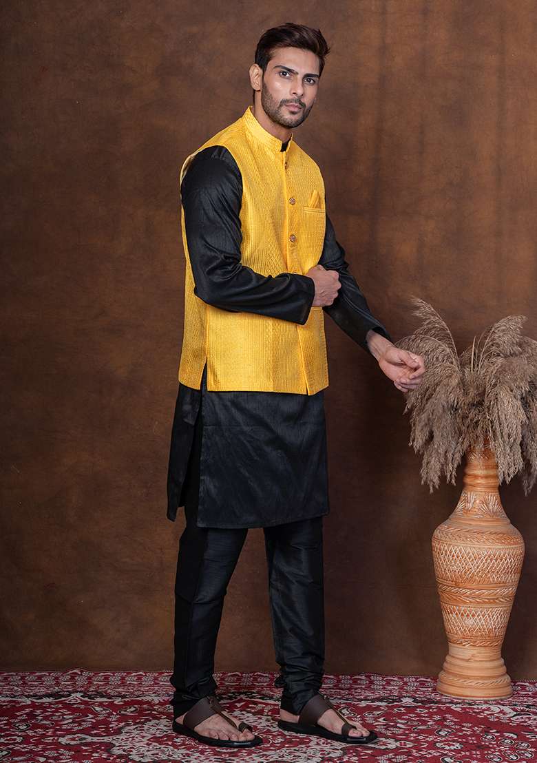 Black Solid Blended Kurta Jacket Churidar Set For Men - Indya