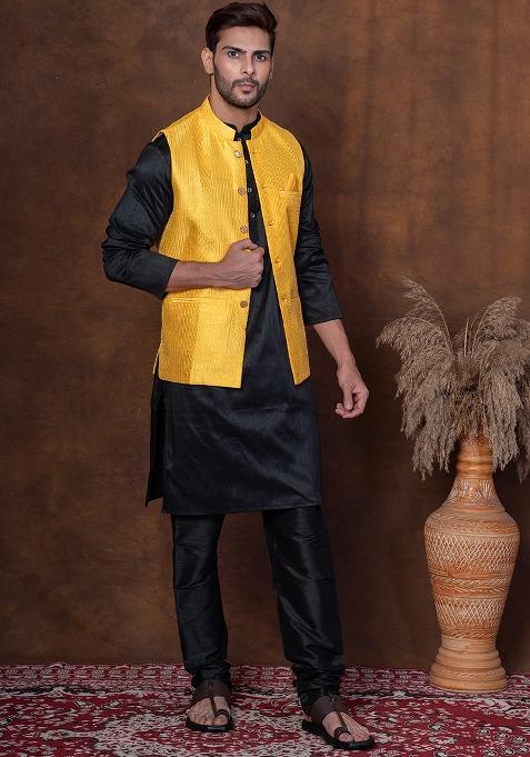 Black Solid Blended Kurta Jacket Churidar Set For Men — view on Indya