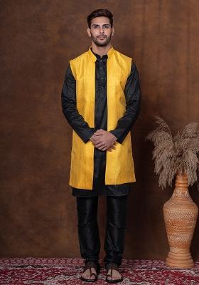 Black Solid Blended Kurta Jacket Churidar Set For Men