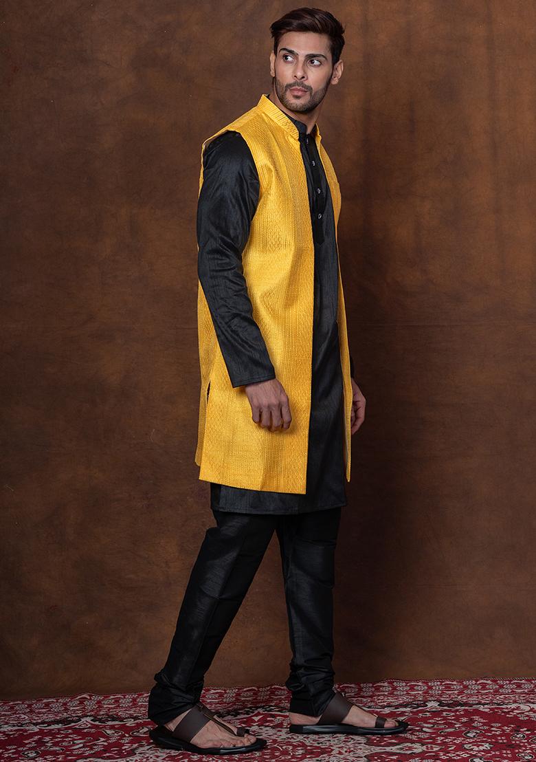 Black Solid Blended Kurta Jacket Churidar Set For Men