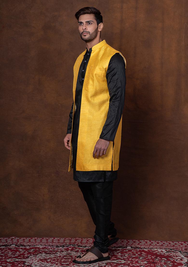 Black Solid Blended Kurta Jacket Churidar Set For Men
