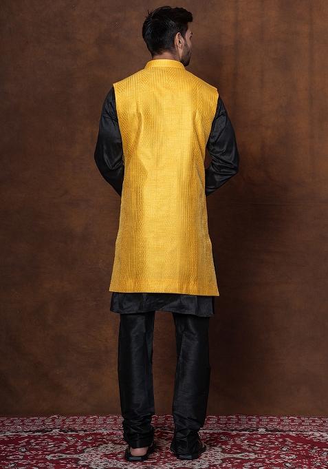 Black Solid Blended Kurta Jacket Churidar Set For Men