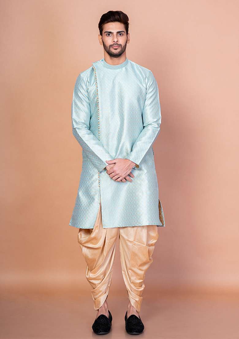 Sku Blue Printed Blended Kurta Patiala Set For Men - Indya