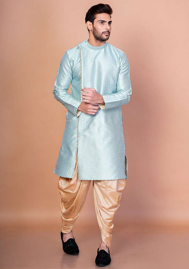 Sku Blue Printed Blended Kurta Patiala Set For Men - Indya
