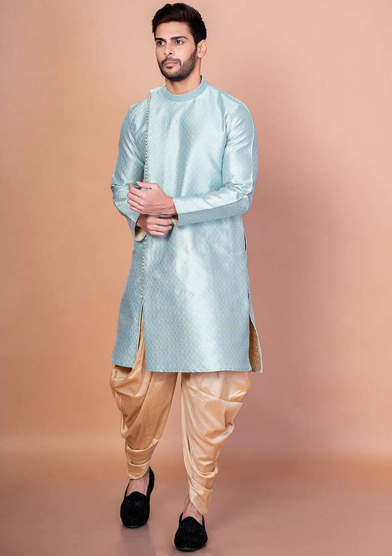 Sku Blue Printed Blended Kurta Patiala Set For Men - Indya
