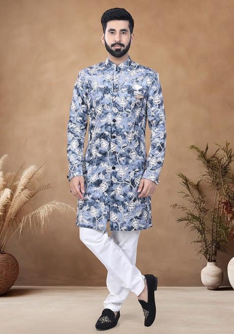 Blue Thread Embroidery Velvet Kurta Set For Men