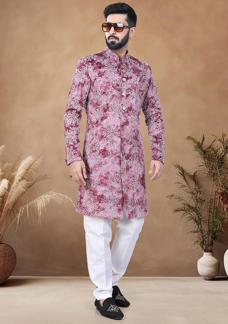 Red Thread Embroidery Velvet Kurta Set For Men