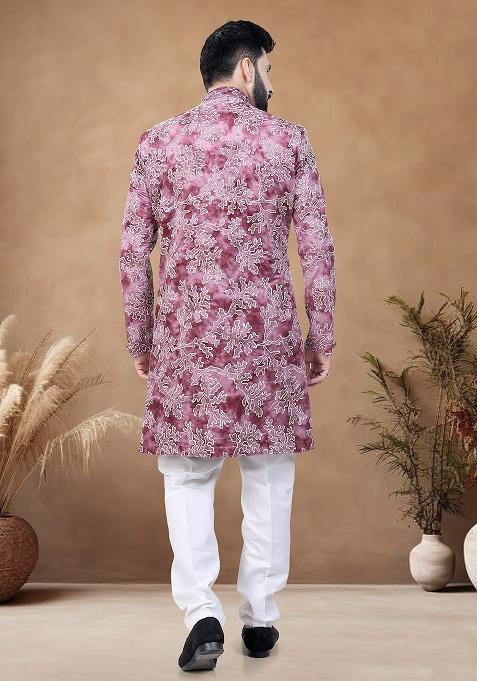 Red Thread Embroidery Velvet Kurta Set For Men