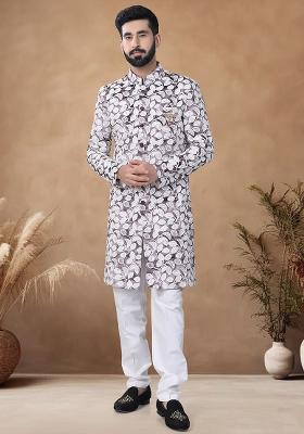 Wine Thread Embroidery Velvet Kurta Set For Men