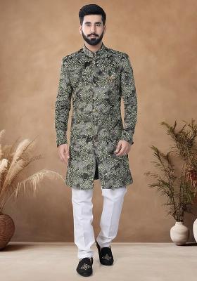 Green Thread Embroidery Velvet Kurta Set For Men