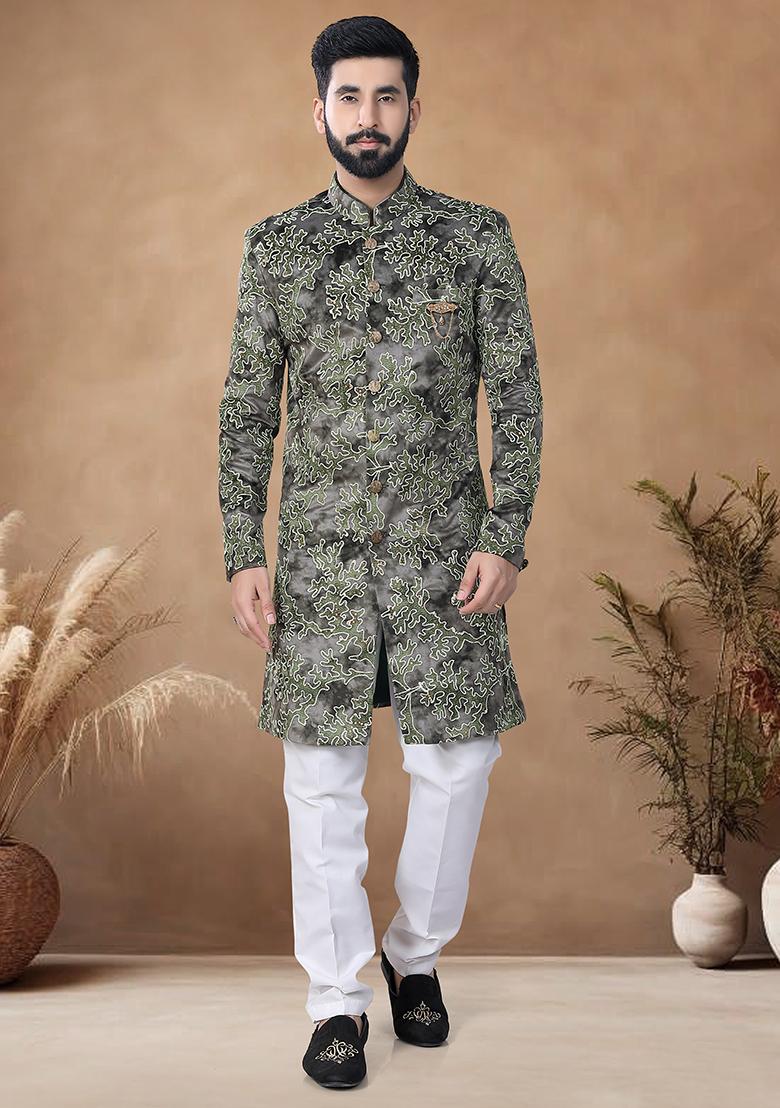 Green Thread Embroidery Velvet Kurta Set For Men