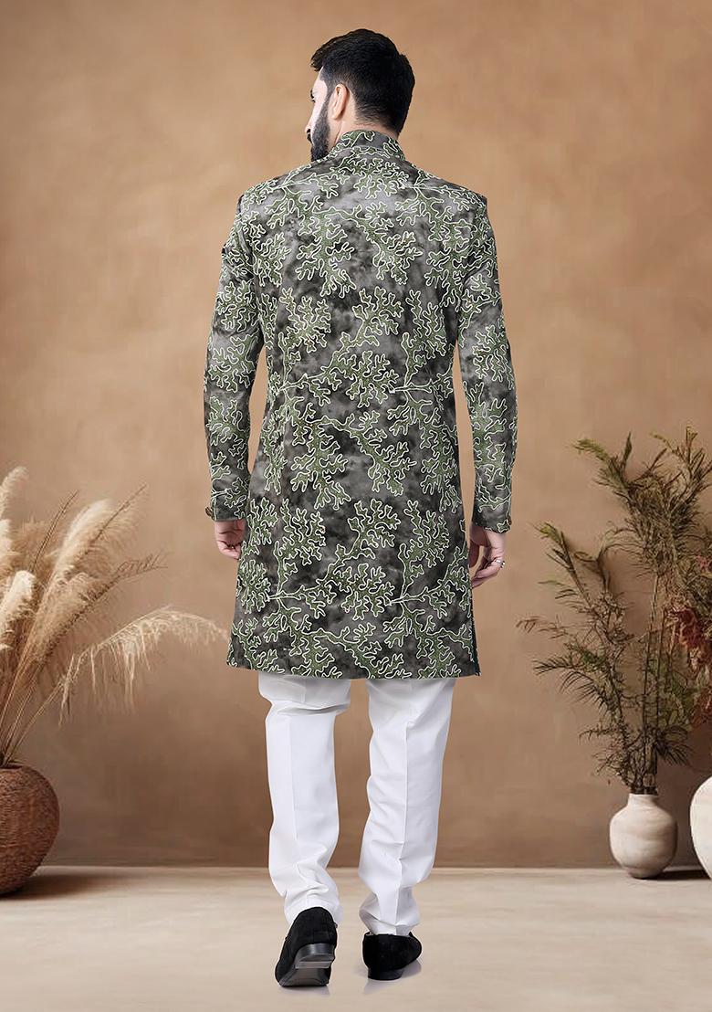 Green Thread Embroidery Velvet Kurta Set For Men