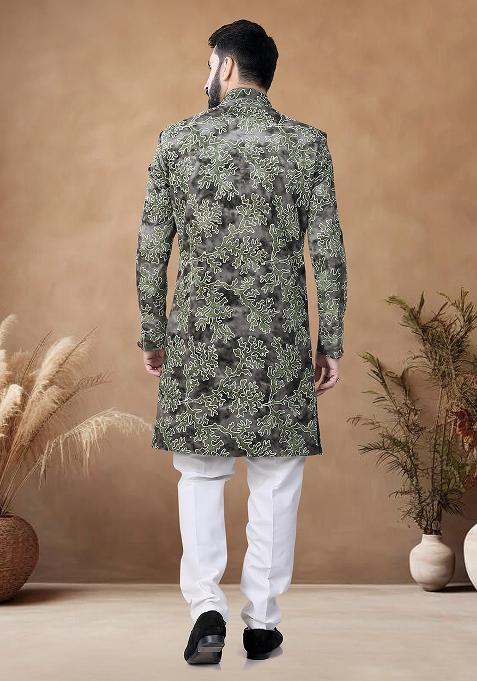Green Thread Embroidery Velvet Kurta Set For Men
