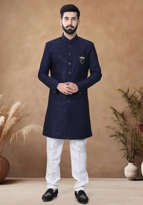 Blue Thread Embroidery Silk Kurta Set For Men