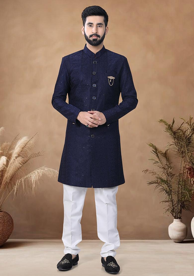 Blue Thread Embroidery Silk Kurta Set For Men