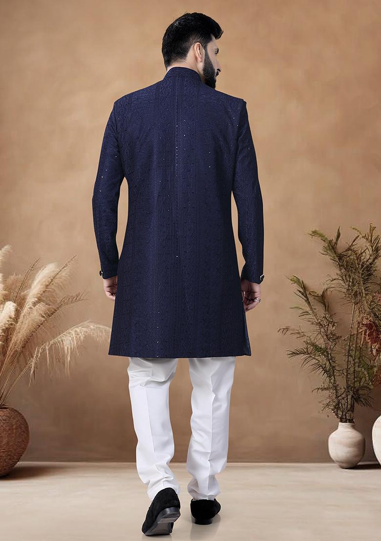 Blue Thread Embroidery Silk Kurta Set For Men - Indya