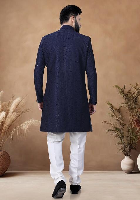 Blue Thread Embroidery Silk Kurta Set For Men