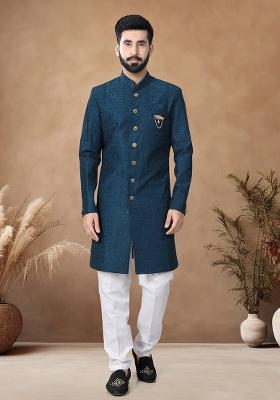 Blue Thread Embroidery Silk Kurta Set For Men