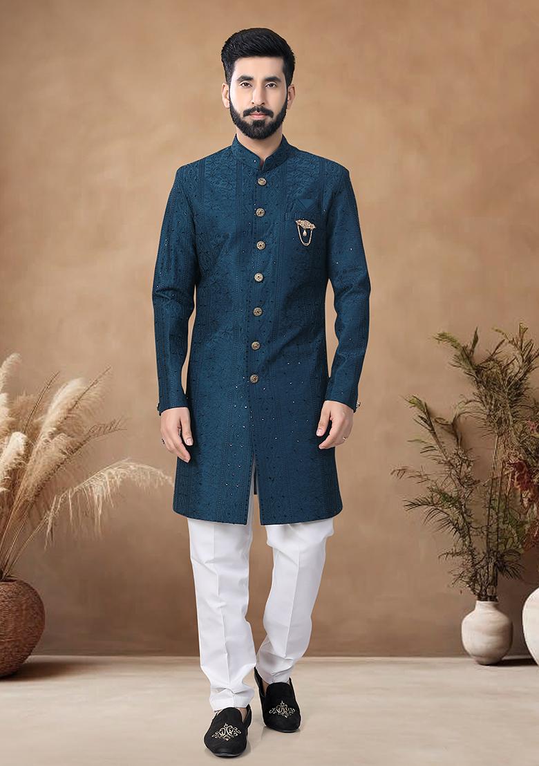 Blue Thread Embroidery Silk Kurta Set For Men