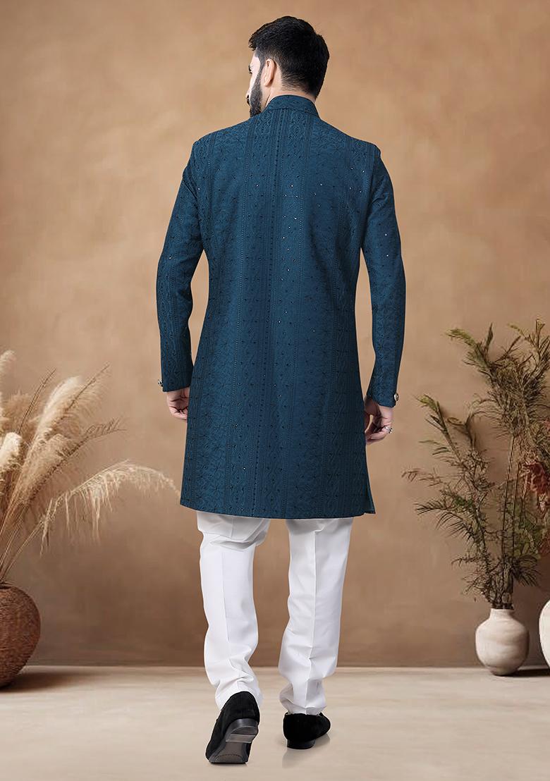 Blue Thread Embroidery Silk Kurta Set For Men - Indya