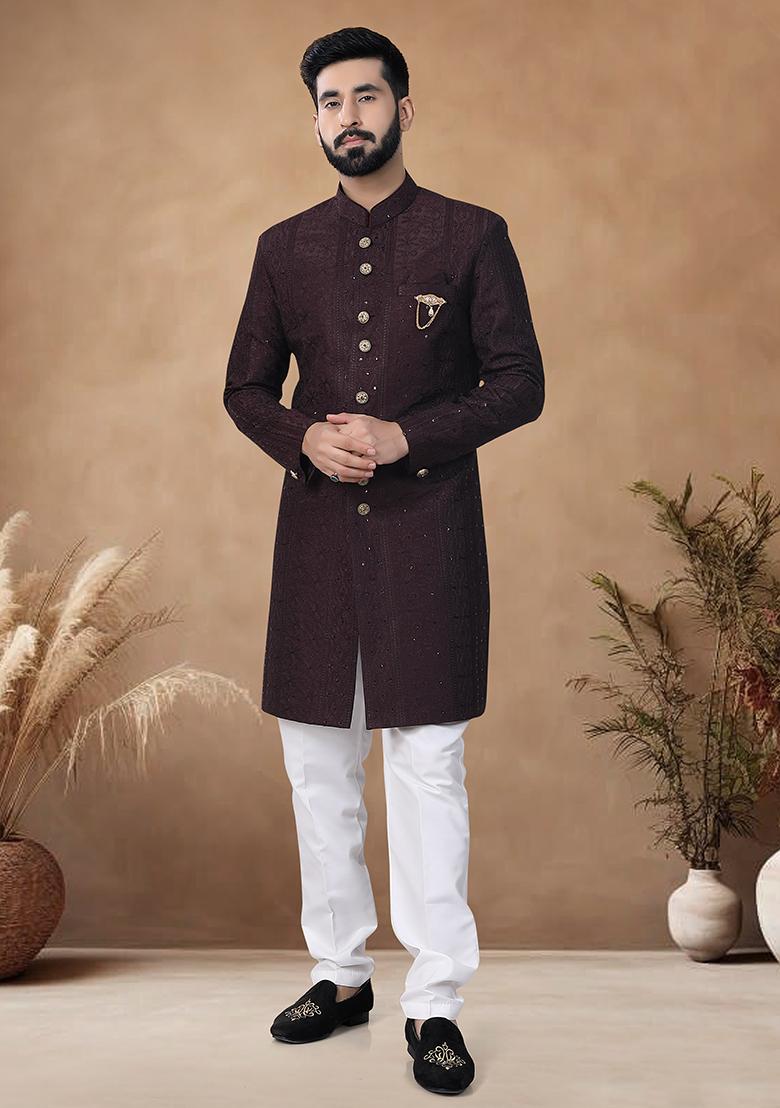 Brown Thread Embroidery Silk Kurta Set For Men