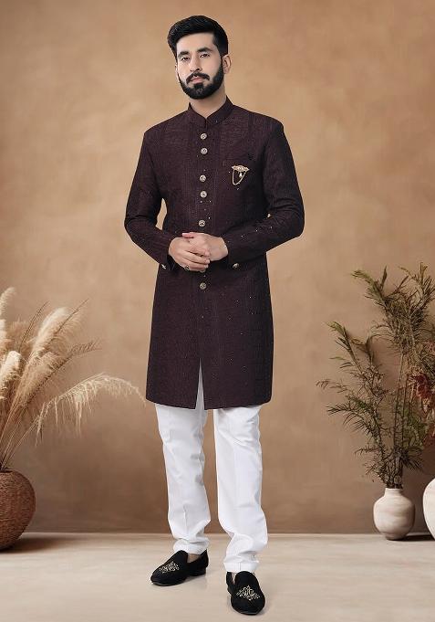 Brown Thread Embroidery Silk Kurta Set For Men