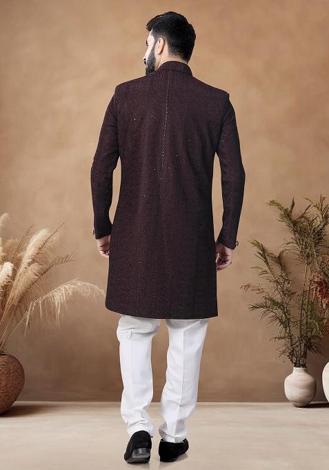 Brown Thread Embroidery Silk Kurta Set For Men