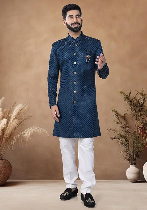 Blue Thread Embroidery Jacquard Kurta Set For Men