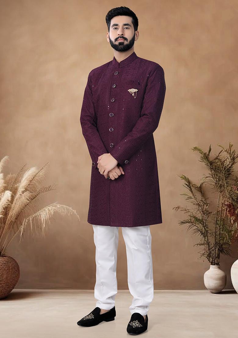 Wine Thread Embroidery Silk Kurta Set For Men