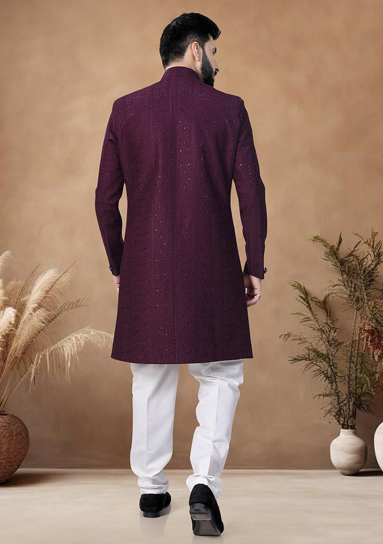 Wine Thread Embroidery Silk Kurta Set For Men