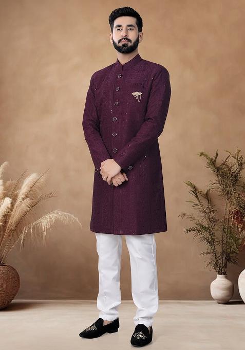 Wine Thread Embroidery Silk Kurta Set For Men