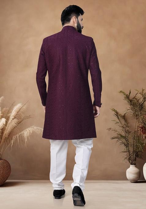 Wine Thread Embroidery Silk Kurta Set For Men