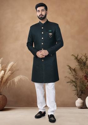 Green Thread Embroidery Jacquard Kurta Set For Men